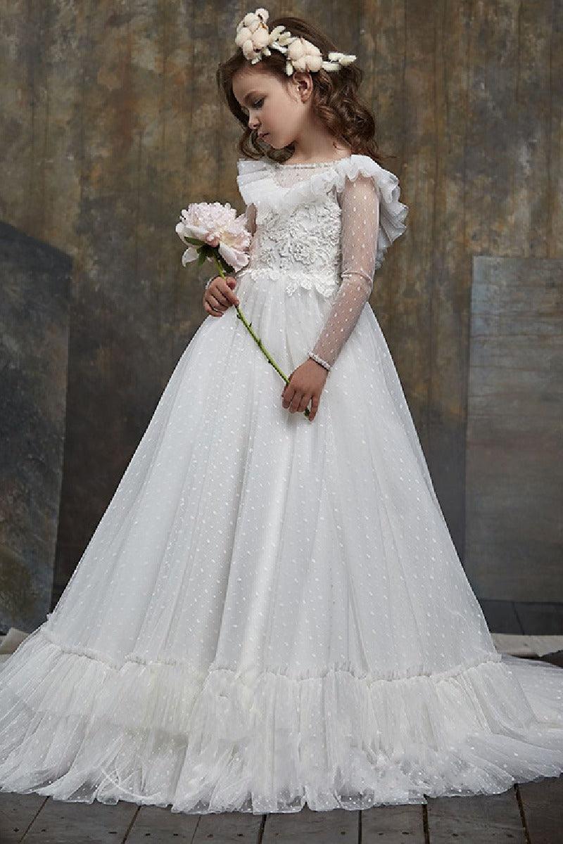 Dot Sheer Long Sleeve Sweep-Brush Train Tulle Flower Girl Dresses 631984909444 - 7 Days / White / 2 - COCOMELODY